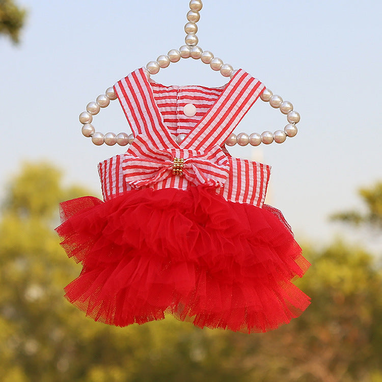 Spring And Summer New Dog Clothing Cat Clothing Pet Supplies Striped Suspender Mesh Skirt Dress Small Dog